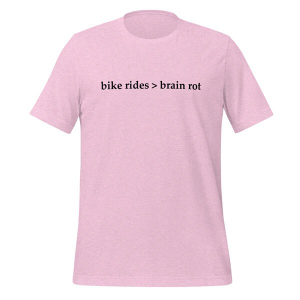 A product display of a t-shirt in heather prism lilac with the words Bike Rides > Brain Rot written across the front.