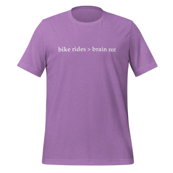 A product display of a t-shirt in heather team purple with the words Bike Rides > Brain Rot written across the front.